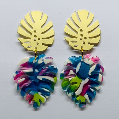 Golden & Blue Tortoiseshell Monstera Drop Earrings - DaisyBloom